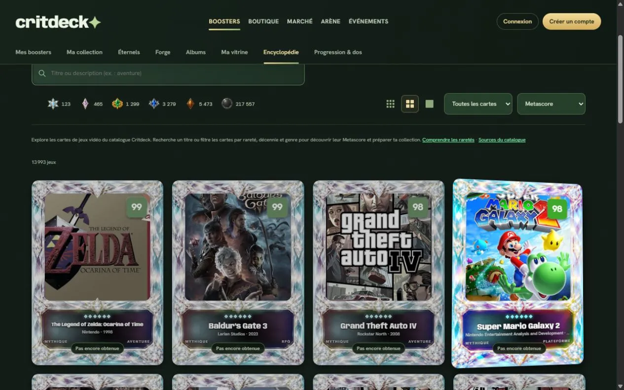 Capture de l’encyclopédie Critdeck : recherche, filtres de rareté et cartes de jeux vidéo avec leur Metascore.